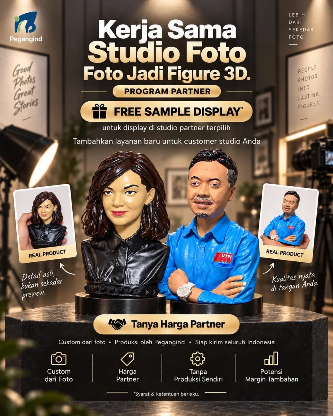 Poster program kerja sama studio foto Pegangind: foto jadi figure 3D dan sampel display untuk studio partner terpilih
